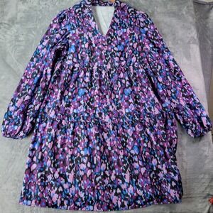 Balloon Dress Purple Blue Abstract Print Long Sleeve V Neck Tiered Size M